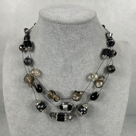 Chico's Multi Strand Beaded Statement Necklace Black Silver Tone Adjustable - Picture 1 of 8
